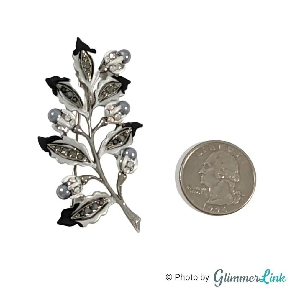 Vintage Two Tone Rhinestone Leaf Faux Pearl Branch Brooch
